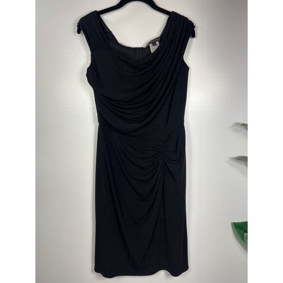 Tadashi Shoji Gathered Ruched Slimming Midi Black Dress LBD Elegant Polished - Picture 2 of 9